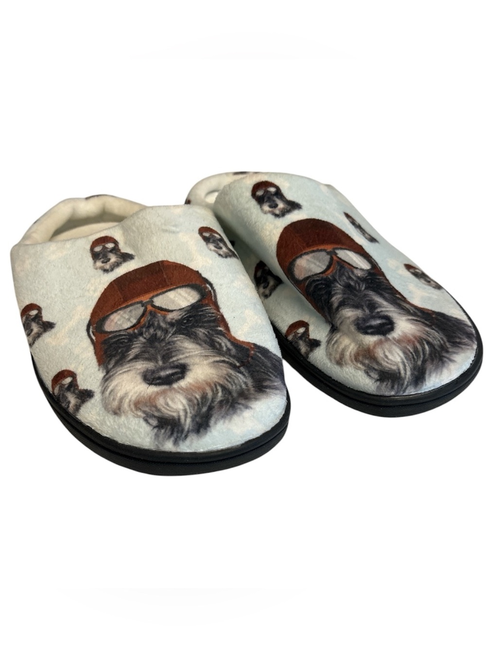 Plush Dog in leather flight cap Pattern Slip-On Clog style Slippers Sz 40-41 9.5